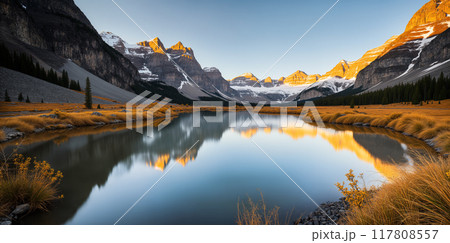 A quiet lake with snowy mountains and sky as a background. 117808557