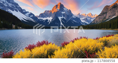 A quiet lake with snowy mountains and sky as a background. 117808558