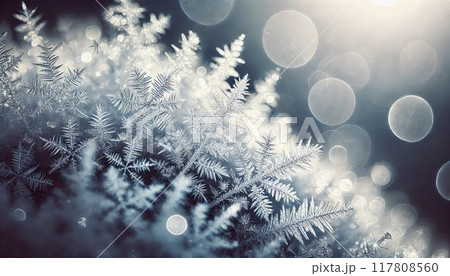 キラキラした光に照らされた雪の結晶の画像 117808560