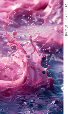A close up shot capturing the vibrant pink liquid splashing into a pool of water, creating a mesmerizing blend of colors including violet, magenta, and electric blue A close up shot capturing the vibrant pink liquid splashing into a pool of water, creating a mesmerizing blend of colors including violet, magenta, and electric blue 117808842
