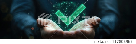 Hands Holding Glowing Green Checkmark Symbolizing Success, Approval, and Digital Security 117808963