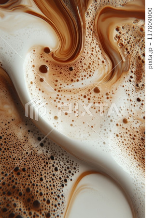 Abstract Swirls of Coffee and Milk Creating a Mesmerizing Pattern with Bubbles and Rich Brown Tones 117809000