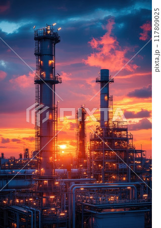 Industrial Refinery at Sunset with Dramatic Sky and Illuminated Structures Industrial Refinery at Sunset with Dramatic Sky and Illuminated Structures 117809025