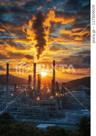 Industrial Refinery at Sunset with Dramatic Sky and Smokestacks Emitting Vapor Industrial Refinery at Sunset with Dramatic Sky and Smokestacks Emitting Vapor 117809026