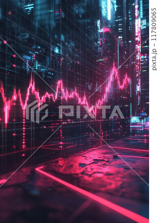 Futuristic Digital Financial Graph in Neon-Lit Cityscape with Reflective Surfaces and Data Visualization 117809065
