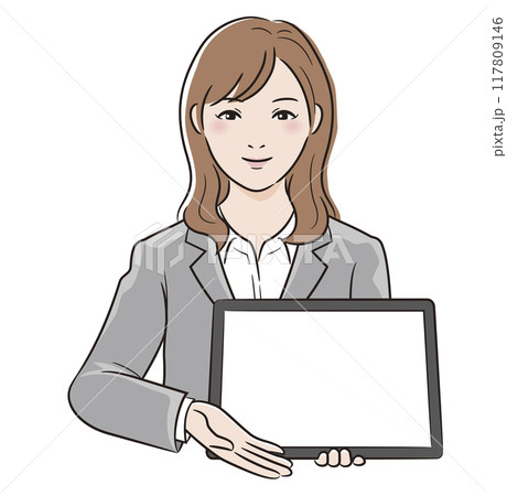 線画人物　スーツを着た女性がタブレットで説明をする 117809146