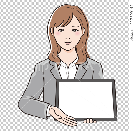 線画人物　スーツを着た女性がタブレットで説明をする 117809146