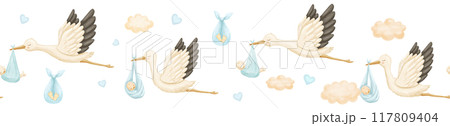 Watercolor seamless border with stork and new baby boy in clouds. Flying bird as symbol of pregnancy. Cute hand drawn illustrations 117809404