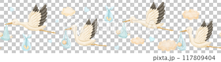 Watercolor seamless border with stork and new baby boy in clouds. Flying bird as symbol of pregnancy. Cute hand drawn illustrations 117809404