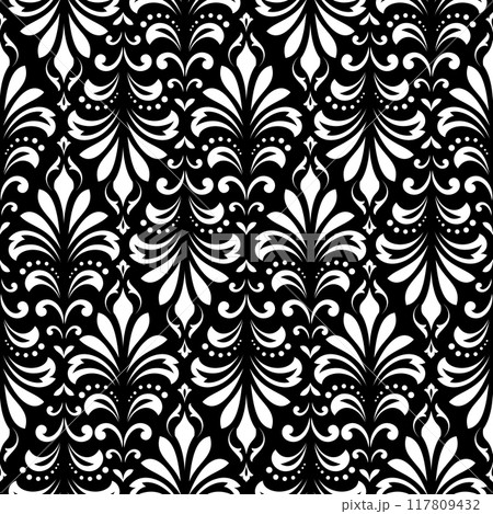 Wallpaper in the style of Baroque. Seamless vector background. White and black floral ornament. Graphic pattern for fabric, wallpaper, packaging. Ornate Damask flower ornament. Wallpaper in the style of Baroque. Seamless vector background. White and black floral ornament. Graphic pattern for fabric, wallpaper, packaging. Ornate Damask flower ornament. 117809432