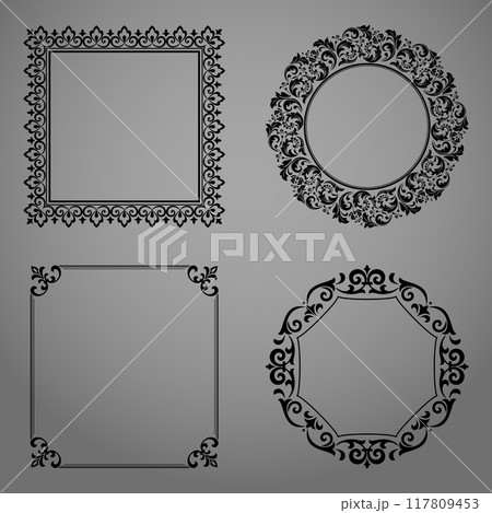 Set of decorative frames Elegant vector element for design in Eastern style, place for text. Floral black and gray borders. Lace illustration for invitations and greeting cards 117809453