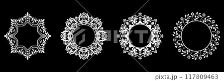 Set of decorative frames Elegant vector element for design in Eastern style, place for text. Floral black and white borders. Lace illustration for invitations and greeting cards. Set of decorative frames Elegant vector element for design in Eastern style, place for text. Floral black and white borders. Lace illustration for invitations and greeting cards. 117809463