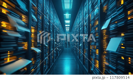 Modern Data Center with Rows of Servers and Glowing Lights in a High-Tech Environment Modern Data Center with Rows of Servers and Glowing Lights in a High-Tech Environment 117809514