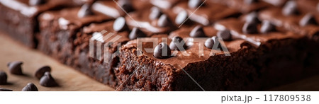 Close-up of Delicious Chocolate Brownies with Chocolate Chips on Top, Perfect for Dessert and Baking Themes 117809538
