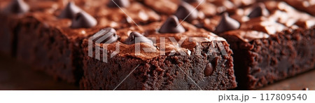 Delicious Homemade Chocolate Brownies with Chocolate Chips on Top 117809540