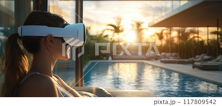 Woman Enjoying Virtual Reality Experience by the Poolside at Sunset in a Modern Luxurious Setting 117809542