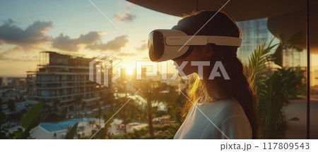 Woman Experiencing Virtual Reality with VR Headset at Sunset in Modern Urban Setting 117809543
