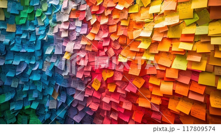 Colorful Wall of Sticky Notes in a Gradient Pattern from Blue to Red to Yellow Colorful Wall of Sticky Notes in a Gradient Pattern from Blue to Red to Yellow 117809574