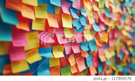 Colorful Wall of Sticky Notes in Office Setting for Brainstorming and Creative Ideas Colorful Wall of Sticky Notes in Office Setting for Brainstorming and Creative Ideas 117809576