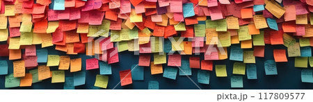 Colorful Wall of Sticky Notes in Various Sizes and Colors Creating a Vibrant and Organized Display 117809577