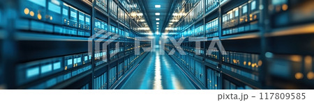 Modern Data Center with Rows of Servers and Blue LED Lights in a High-Tech Environment 117809585