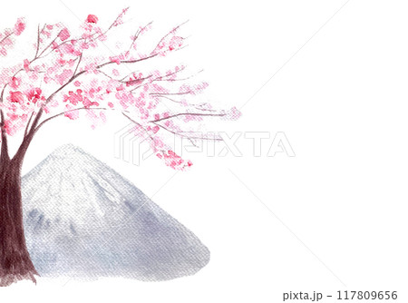 Pink sakura tree and a mountain horizontal card isolated on white. Watercolor hand painted high quality nature design elements great for banners, beauty salons, oriental design, Japan tourist ads Pink sakura tree and a mountain horizontal card isolated on white. Watercolor hand painted high quality nature design elements great for banners, beauty salons, oriental design, Japan tourist ads 117809656