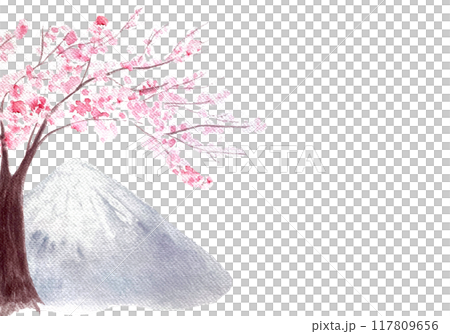 Pink sakura tree and a mountain horizontal card isolated on white. Watercolor hand painted high quality nature design elements great for banners, beauty salons, oriental design, Japan tourist ads Pink sakura tree and a mountain horizontal card isolated on white. Watercolor hand painted high quality nature design elements great for banners, beauty salons, oriental design, Japan tourist ads 117809656