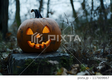Jack O' Lantern in Creepy Forest Churchyard.. Generative AI. 117809667