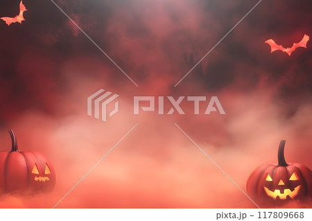 Happy halloween banner, background with clouds and pumpkins. Generative AI. 117809668