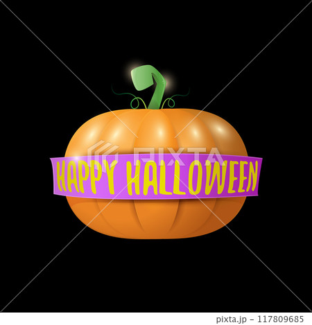 Happy Halloween creative greeting card or icon with big orange realistic vector pumpkin and ribbon on black background . Funky kids Halloween banner or label with halloween text . Happy Halloween creative greeting card or icon with big orange realistic vector pumpkin and ribbon on black background . Funky kids Halloween banner or label with halloween text . 117809685