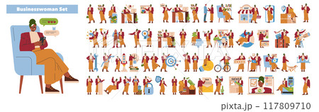 Businesswoman set. Diverse professional and leisure activities of a modern female executive. Networking, brainstorming, and work-life balance illustrations. Vector illustration. Businesswoman set. Diverse professional and leisure activities of a modern female executive. Networking, brainstorming, and work-life balance illustrations. Vector illustration. 117809710