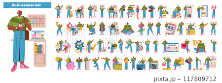 Businessman set. Diverse activities and emotions of professional life. Office tasks, achievements, leisure, and financial management. Vector illustration. Businessman set. Diverse activities and emotions of professional life. Office tasks, achievements, leisure, and financial management. Vector illustration. 117809712