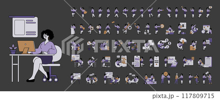 Business People set. Diverse work activities in modern corporate life. Collaboration, presentations, and workplace scenarios. Vector illustration. 117809715