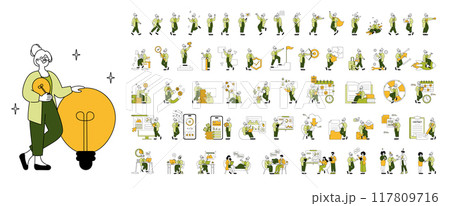 Business Woman set. Dynamic professional woman in various work activities and achievements. Networking, multitasking, innovation. Vector illustration. Business Woman set. Dynamic professional woman in various work activities and achievements. Networking, multitasking, innovation. Vector illustration. 117809716