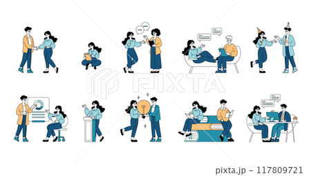 Business People set. Illustration of diverse office scenarios with teamwork, presentation, and brainstorming sessions. Vector illustration. Business People set. Illustration of diverse office scenarios with teamwork, presentation, and brainstorming sessions. Vector illustration. 117809721
