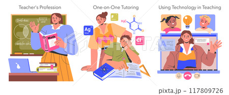 Education set. Classroom teaching, personalized tutoring, and digital learning. Conveying knowledge using various methods. Modern pedagogy. Vector illustration. Education set. Classroom teaching, personalized tutoring, and digital learning. Conveying knowledge using various methods. Modern pedagogy. Vector illustration. 117809726