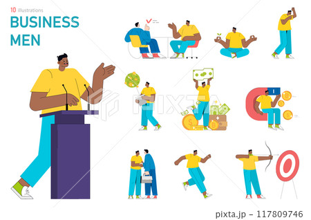 Businessmen set. Diverse corporate scenarios with presentations, investments, and goal setting. Corporate strategy, financial success, and teamwork. Vector illustration. 117809746