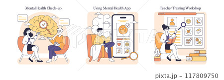 Wellness concept set. Psychologist visit, mental health app usage, and educator development for emotional support. Mental care services illustration. Vector illustration. Wellness concept set. Psychologist visit, mental health app usage, and educator development for emotional support. Mental care services illustration. Vector illustration. 117809750