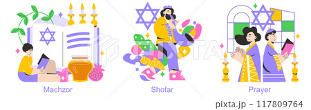 Rosh Hashanah set. Jewish New Year traditions with machzor, shofar, and prayer. Celebratory rituals and symbolism. Vector illustration. 117809764