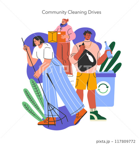 International Day of Charity concept. Diverse group engaging in a community cleanup event, promoting environmental care and solidarity. Vector illustration. International Day of Charity concept. Diverse group engaging in a community cleanup event, promoting environmental care and solidarity. Vector illustration. 117809772