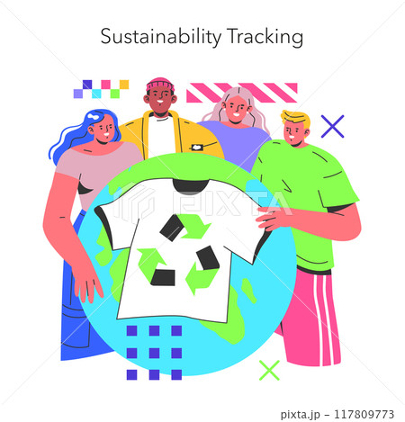 Sustainability Tracking concept. Diverse group of people showcasing eco-friendly fashion around a recyclable symbol on Earth. Vector illustration. 117809773