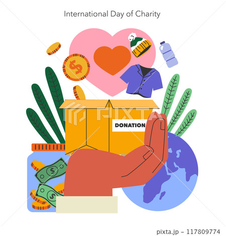 International Day of Charity concept. Illustration of generous donations worldwide symbolized with a heart and giving hand. Global support via clothing, funds, and essentials. Vector illustration. International Day of Charity concept. Illustration of generous donations worldwide symbolized with a heart and giving hand. Global support via clothing, funds, and essentials. Vector illustration. 117809774