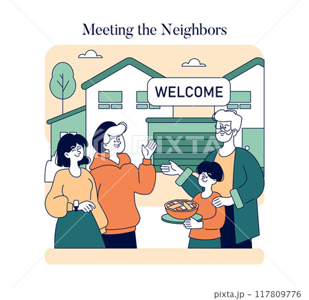 Neighborly Greetings concept. Families forging new friendships outside a welcoming home. Bonding, community spirit and suburban life. Vector illustration. Neighborly Greetings concept. Families forging new friendships outside a welcoming home. Bonding, community spirit and suburban life. Vector illustration. 117809776
