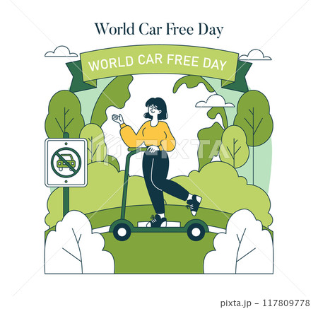 World Car Free Day concept. Eco-friendly transportation celebrated with a joyful person on a scooter, lush greenery, and no-car sign. Vector illustration. 117809778