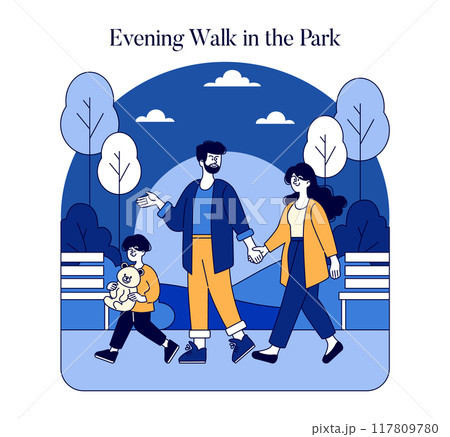 Family Evening Stroll Concept. A serene evening stroll in the park illustration with a family enjoying quality time surrounded by nature. Vector illustration. 117809780