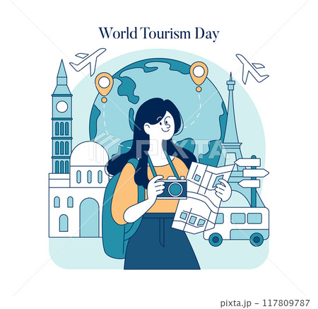 World Tourism Day concept. A traveler explores global landmarks, celebrates cultural diversity and the joy of travel. Vector illustration. World Tourism Day concept. A traveler explores global landmarks, celebrates cultural diversity and the joy of travel. Vector illustration. 117809787