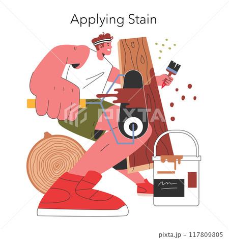 DIY Woodworking concept. Enthusiastic individual applying stain to wood, showcasing a hands-on approach to crafting. Home project, sawdust, and tools. Vector illustration. DIY Woodworking concept. Enthusiastic individual applying stain to wood, showcasing a hands-on approach to crafting. Home project, sawdust, and tools. Vector illustration. 117809805