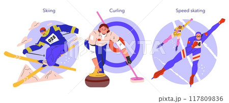 Winter Sports set. Dynamic illustrations of skiing, curling, and speed skating activities. Energetic athletes in action during competitive winter events. Vector illustration. Winter Sports set. Dynamic illustrations of skiing, curling, and speed skating activities. Energetic athletes in action during competitive winter events. Vector illustration. 117809836