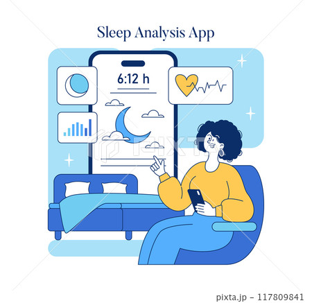 Health technology concept. A woman interacts with a sleep analysis app on her smartphone, monitoring sleep patterns for better rest. Vector illustration. Health technology concept. A woman interacts with a sleep analysis app on her smartphone, monitoring sleep patterns for better rest. Vector illustration. 117809841