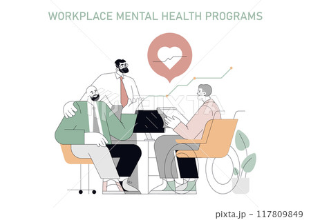 Workplace Mental Health Support concept. Employees engage in a supportive discussion. Mental wellbeing in the office environment. Vector illustration. Workplace Mental Health Support concept. Employees engage in a supportive discussion. Mental wellbeing in the office environment. Vector illustration. 117809849